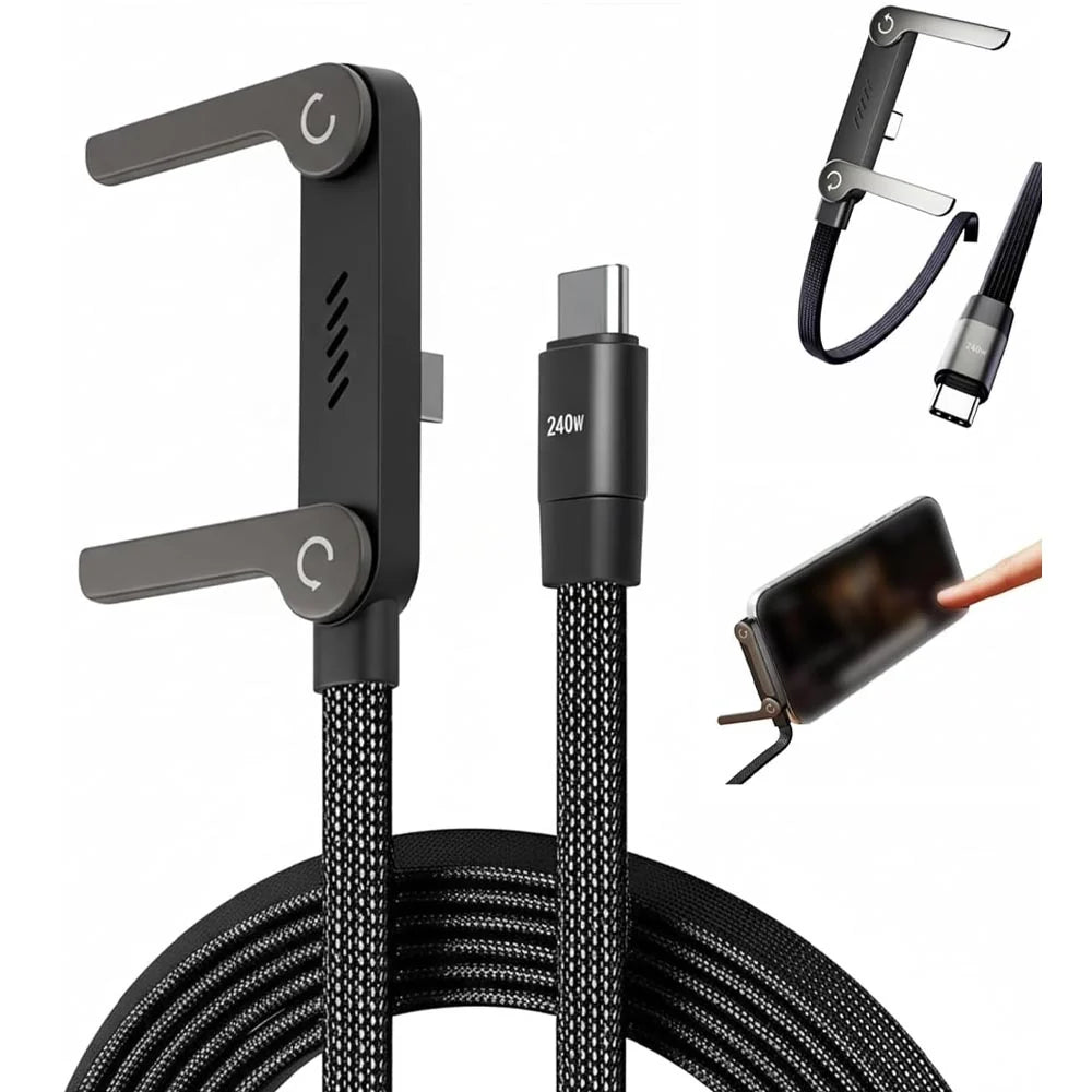 240W USB-C to USB-C Fast Charging Cable with Stand – 1.5M Nylon Braided Data Cable