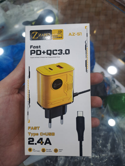 Zarin AZ-51 Fast Charger – PD & QC 3.0 Type-C + USB Wall Charger