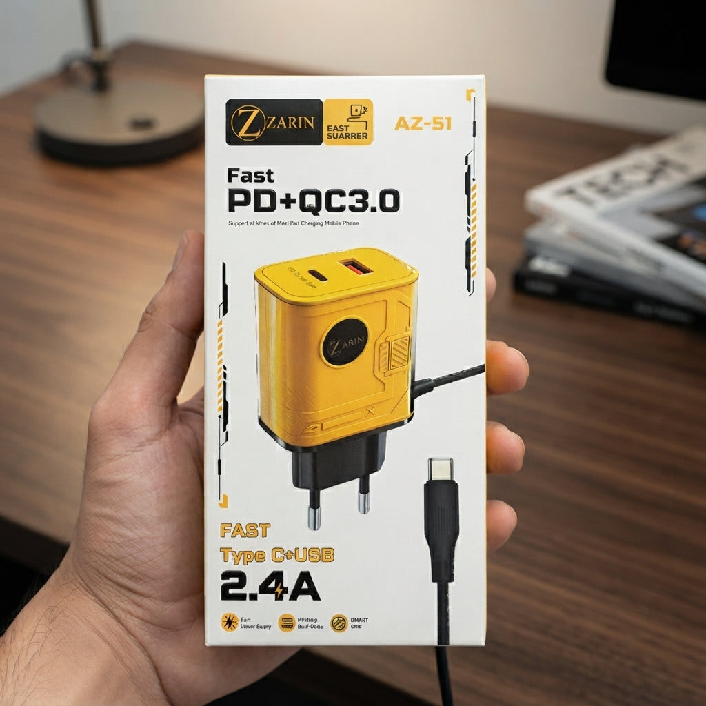 Zarin AZ-51 Fast Charger – PD & QC 3.0 Type-C + USB Wall Charger